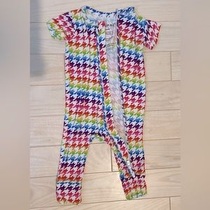 EUC Little Bum Bums (now Bums and Roses) double zip romper, Rainbow Houndstooth